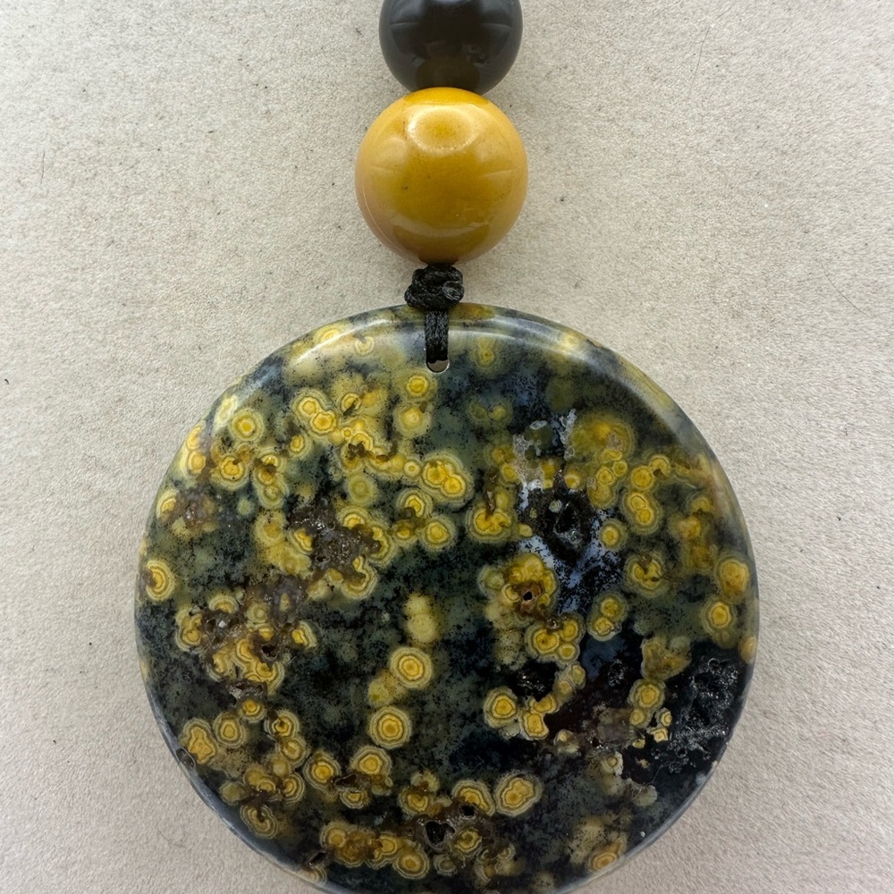 Large Round Ocean Jasper Pendant Necklace with Mookaite Jasper and Onyx on Rope - Picture 5 of 14